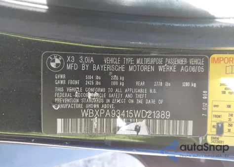 2005 BMW X3 3.0I from USA, damaged, VIN WBXPA93415WD21389